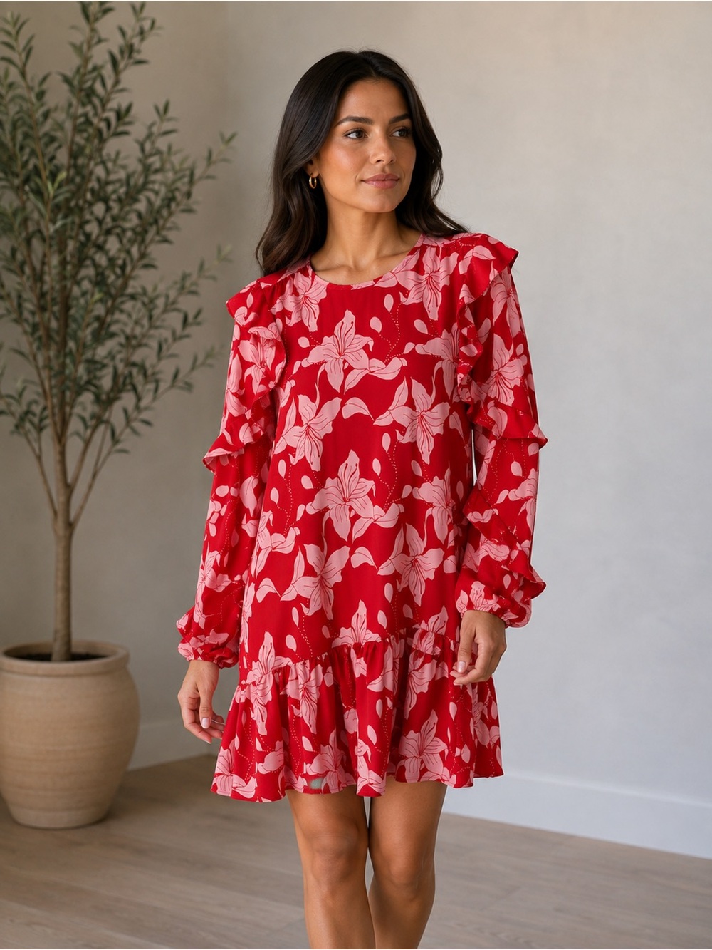 Red Floral Midi Dress with Ruffle Details